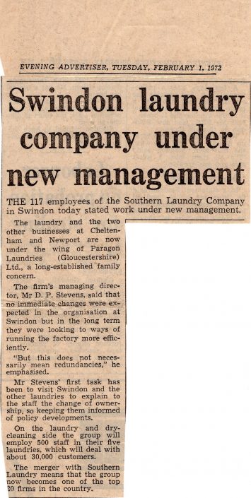 S 3 – Newspaper, Purchase of Swindon Laundry 1972