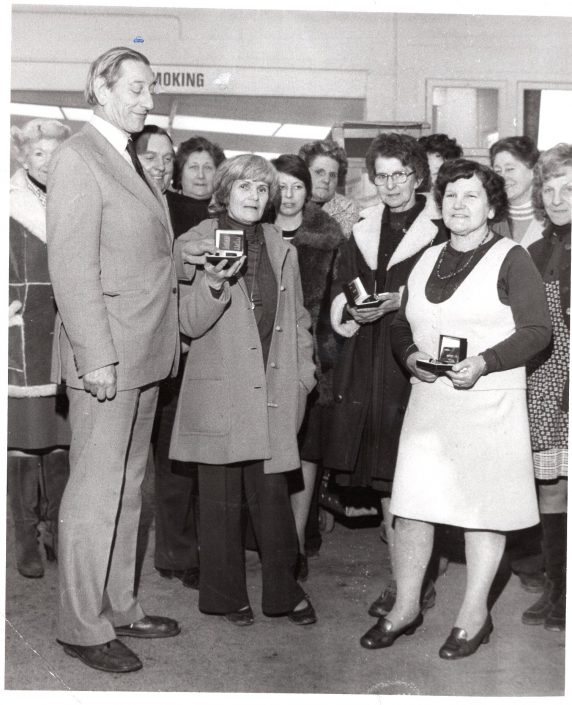B 12 – Photo, Long Service Awards for Mrs Iris Robert, Mrs Beryl Baker, Mrs Joyce Fisher presented by Derek Stevens 1979