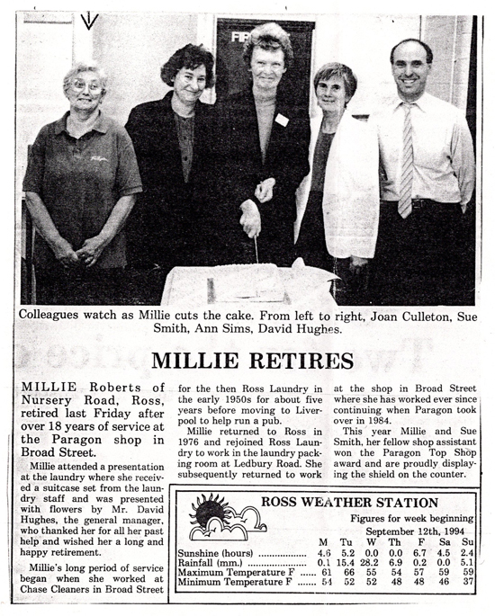 Ross 2 – Newspaper, Millie Roberts Retirement 1994